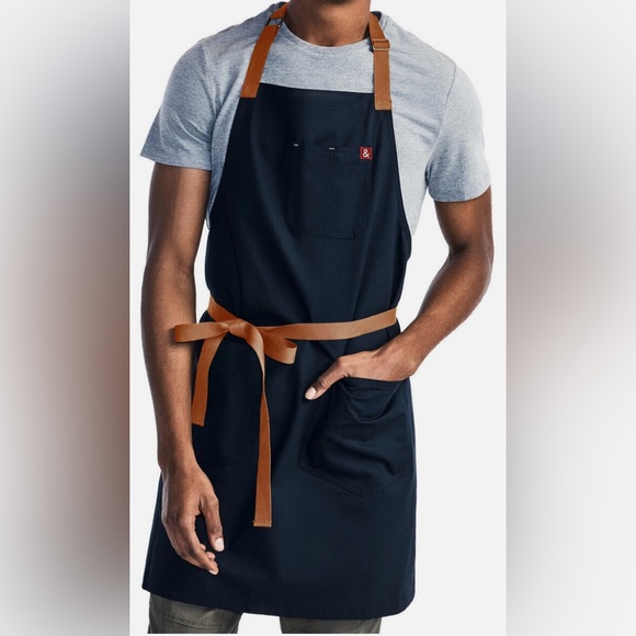 Professional hedley & bennett Crossback Apron Midnight Blue with Brown Straps - Picture 1 of 5